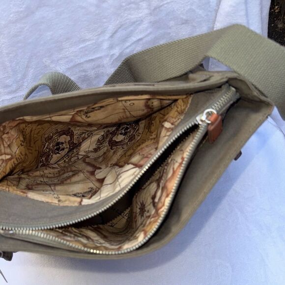 Vintage Fossil Voyages Crossbody Bag Ripstop Khaki Green Canvas Map Liner Y2K - Picture 5 of 13